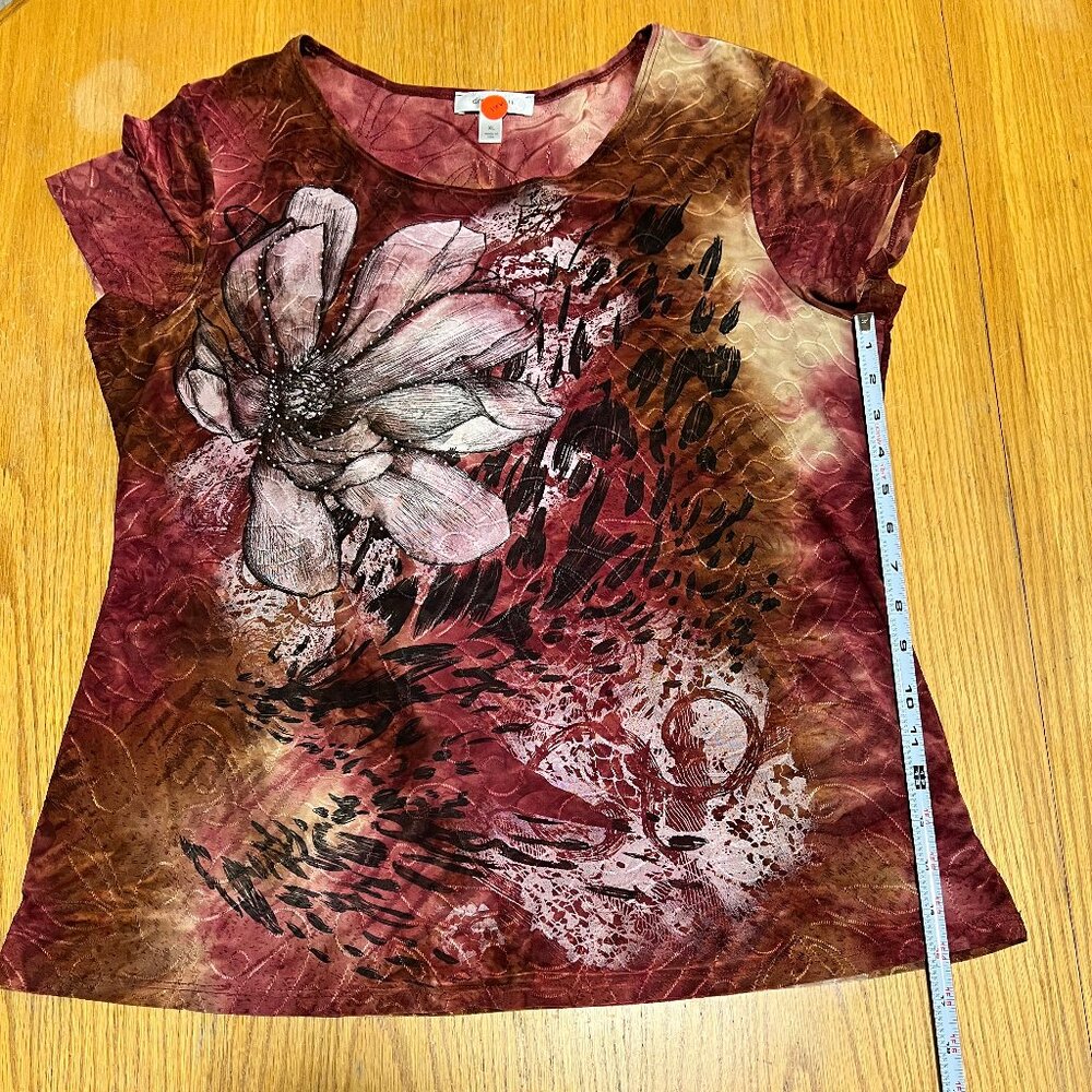 Dressbarn XL Vibrant Floral Embossed Tee | Sunset Red Orange Short Sleeve Top - Picture 8 of 11